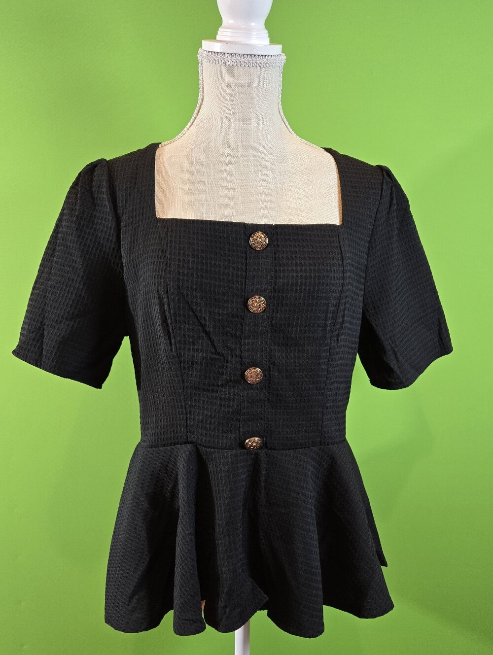 Blouse Womens S-M Black Square Neck Puff Short Sleeve Button Peplum Top
